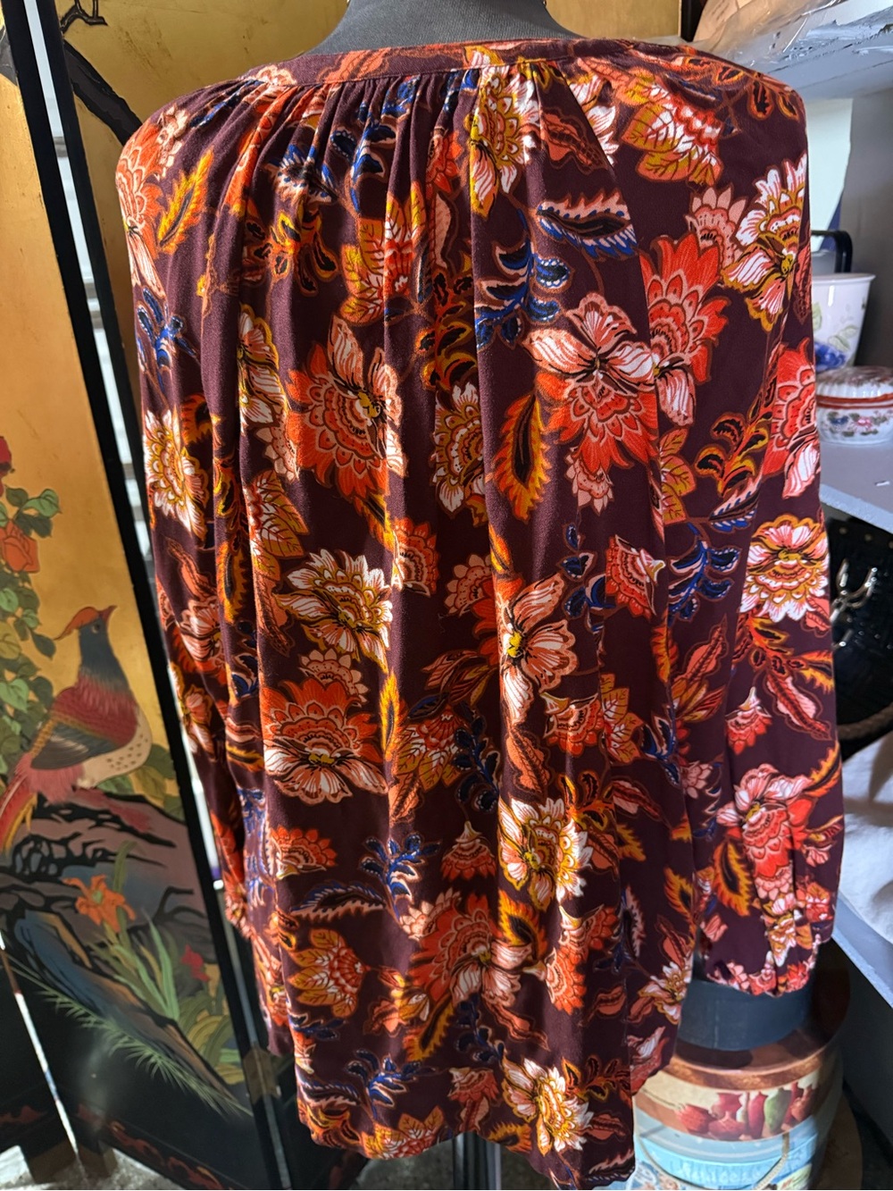 Old Navy Floral Peasant Tunic in Burgundy with Orange, Red and Navy Accents - Picture 2 of 5